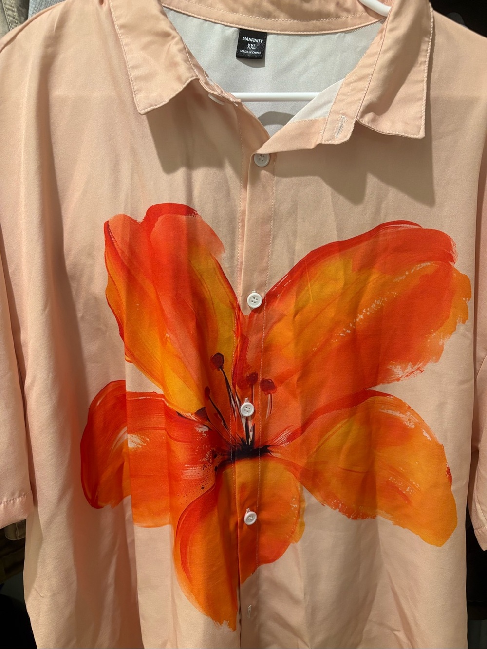 Mens Peach Button-Up Shirt with Orange Floral Print